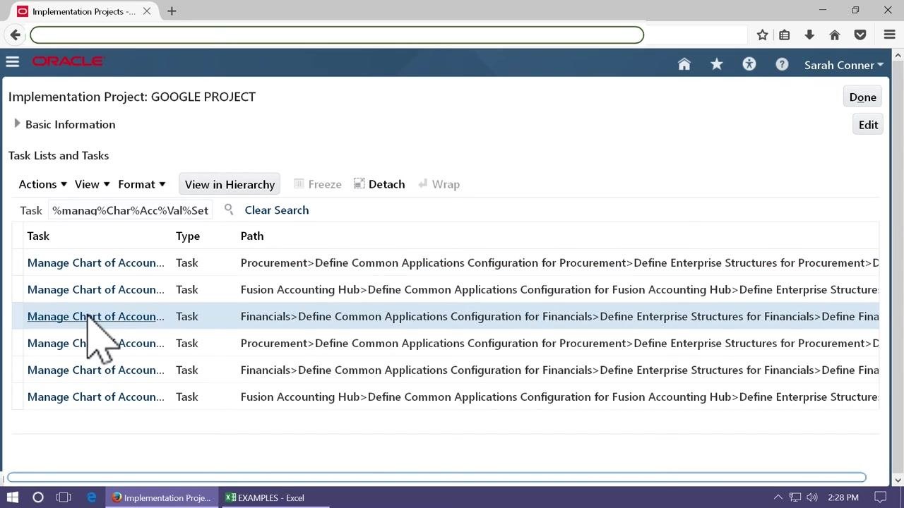 Oracle Fusion Setup and Maintenance screen showing the Implementation Projects tab with a search bar and a list of projects.