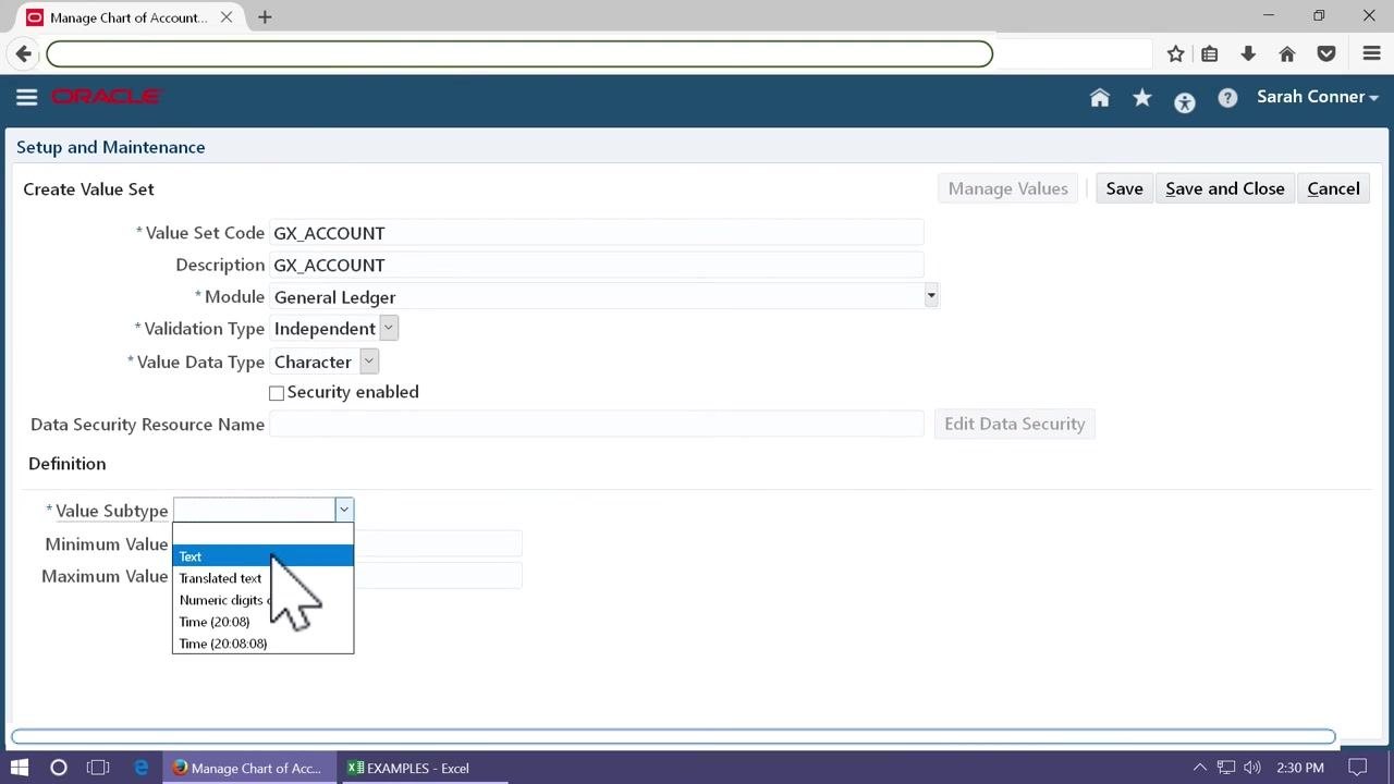 Create Value Set screen for GX_ACCOUNT with Module set to General Ledger, Validation Type set to Independent, Value Data Type set to Character, Value Subtype set to Text, and Maximum Length set to 5.