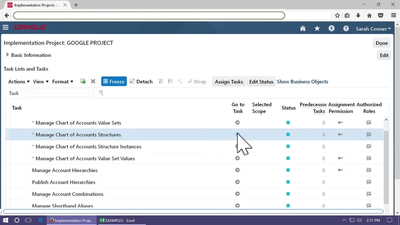 Oracle Implementation Project screen with Manage Chart of Accounts Structures highlighted and the cursor pointing to the Go to Task icon.