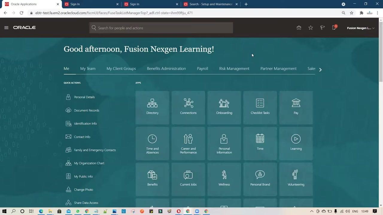 Oracle Fusion homepage displaying application tiles and the navigation bar for a logged-in user