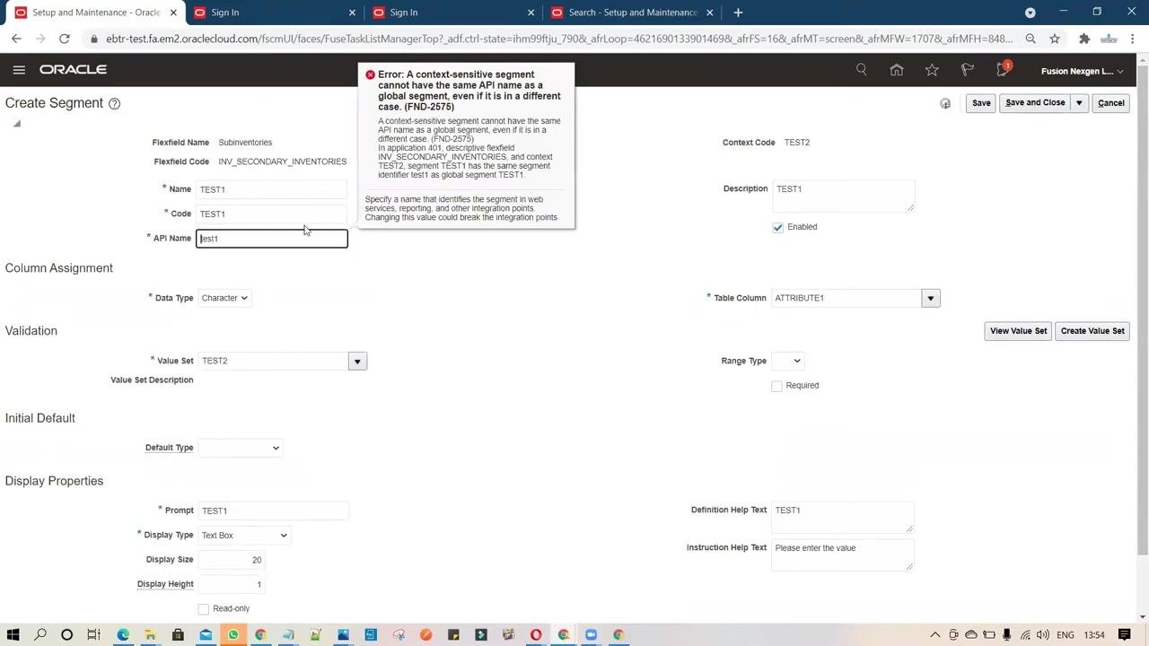 Create Segment screen with Definition Help Text set to TEST1 and Instruction Help Text set to "Please enter the value"