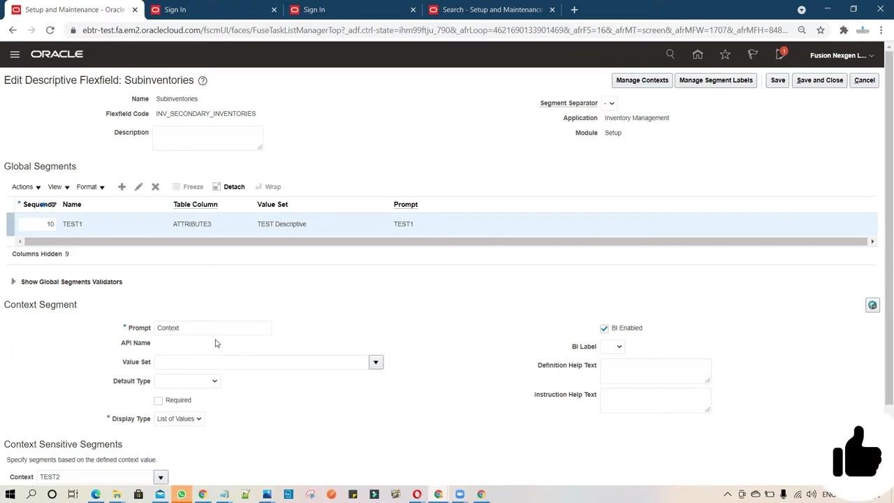 Edit Descriptive Flexfield screen showing the TEST1 segment under Global Segments and the TEST2 context under Context Sensitive Segments