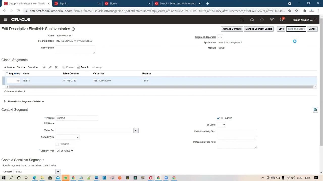 Edit Descriptive Flexfield screen showing the Save and Close, Save, and Cancel buttons while changes are being applied