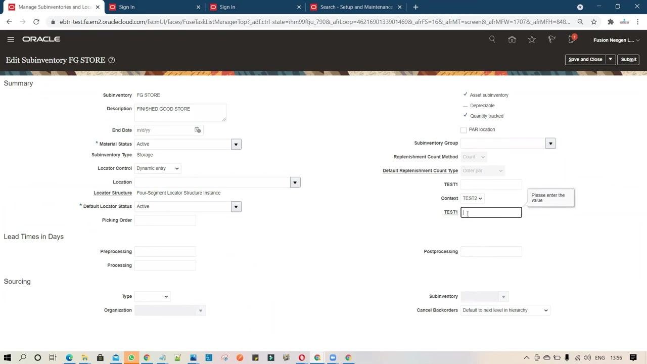 Edit Subinventory FG STORE screen with the TEST1 field active and the "Please enter the value" tooltip displayed