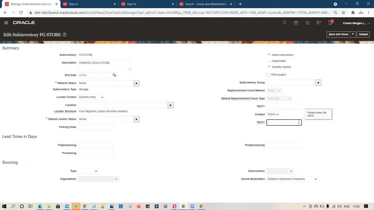 Edit Subinventory FG STORE screen showing the TEST1 field ready for input