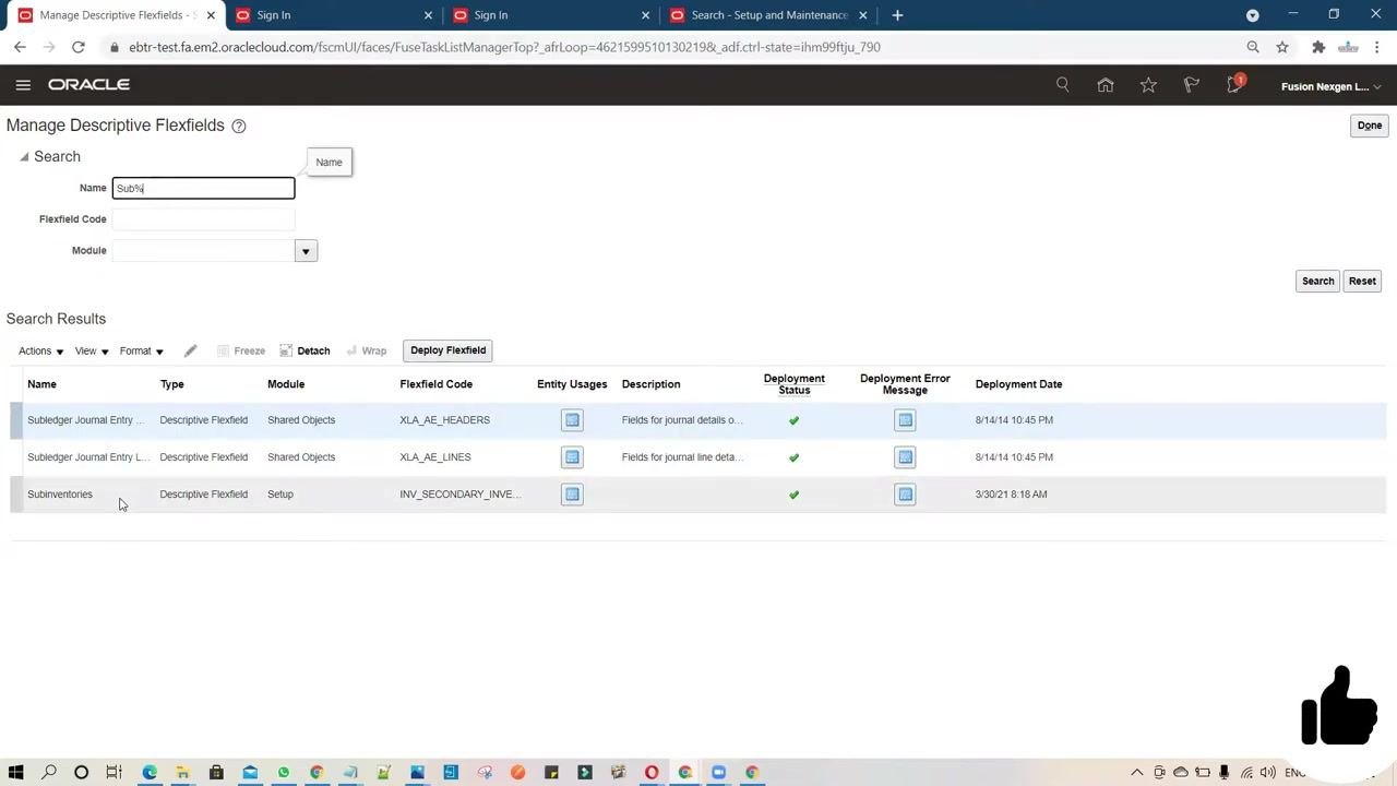Manage Descriptive Flexfields screen showing search results for "Sub%", including the Subinventories flexfield with columns for Name, Type, Module, Flexfield Code, Entity Usages, Description, Deployment Status, Deployment Error Message, and Deployment Date