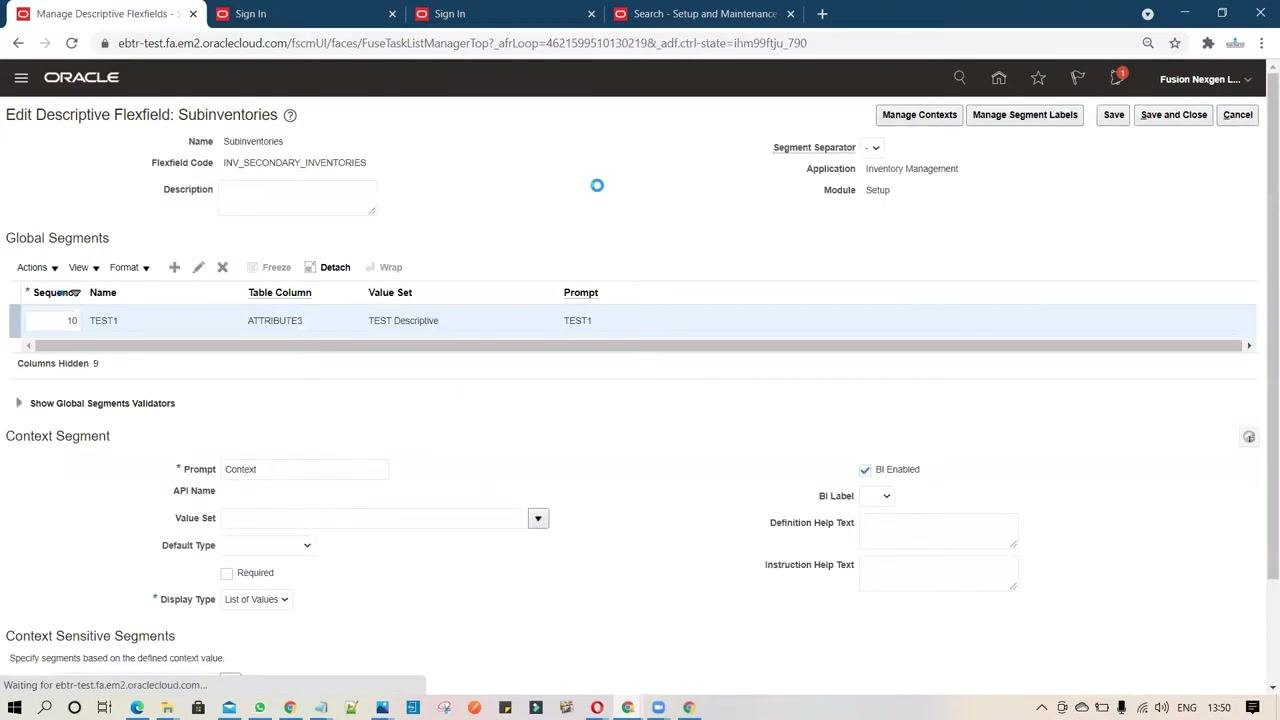 Edit Descriptive Flexfield: Subinventories screen showing global segments and context segment configuration options
