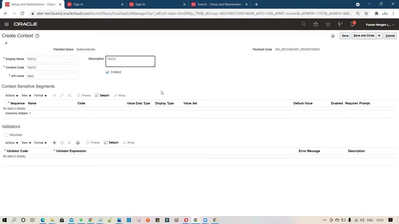 Create Context window with Display Name, Context Code, API Name, and Description all set to TEST2