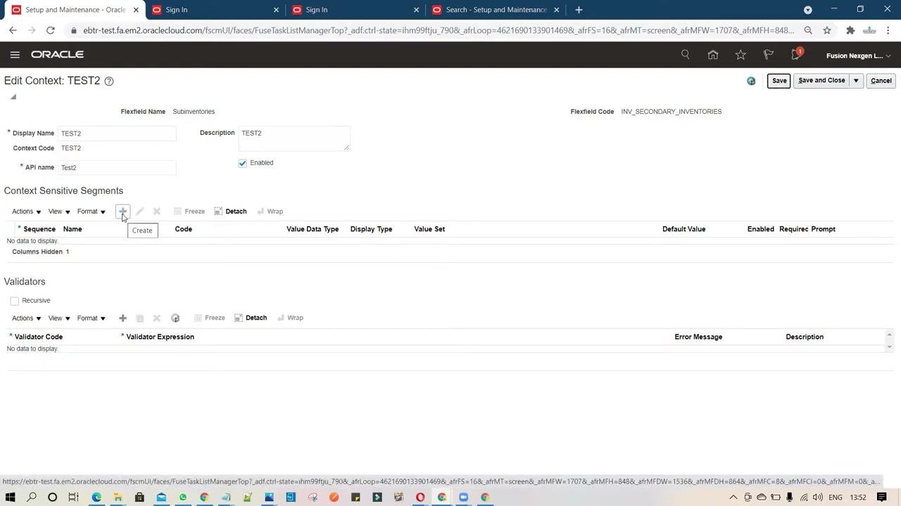 Edit Context: TEST2 screen with the plus button highlighted to add a context-sensitive segment