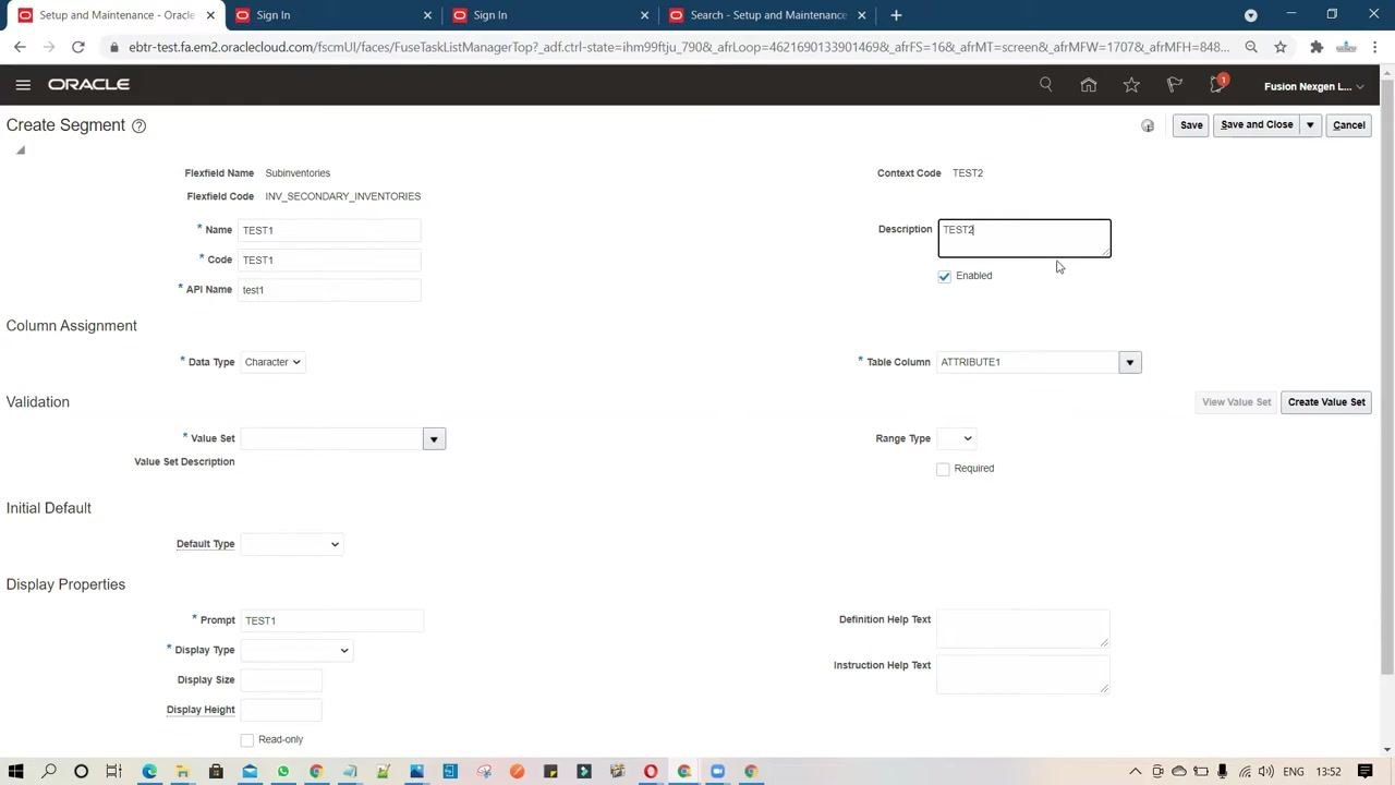 Create Value Set window displaying the error: the value set code TEST1 already exists; enter a unique value set code (FND-2820)