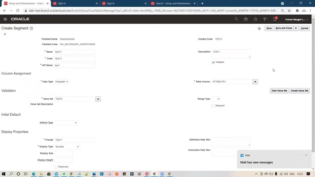 Create Value Set screen with Value Set Code TEST2, Format Only, Character, Text, and a Maximum Length of 50