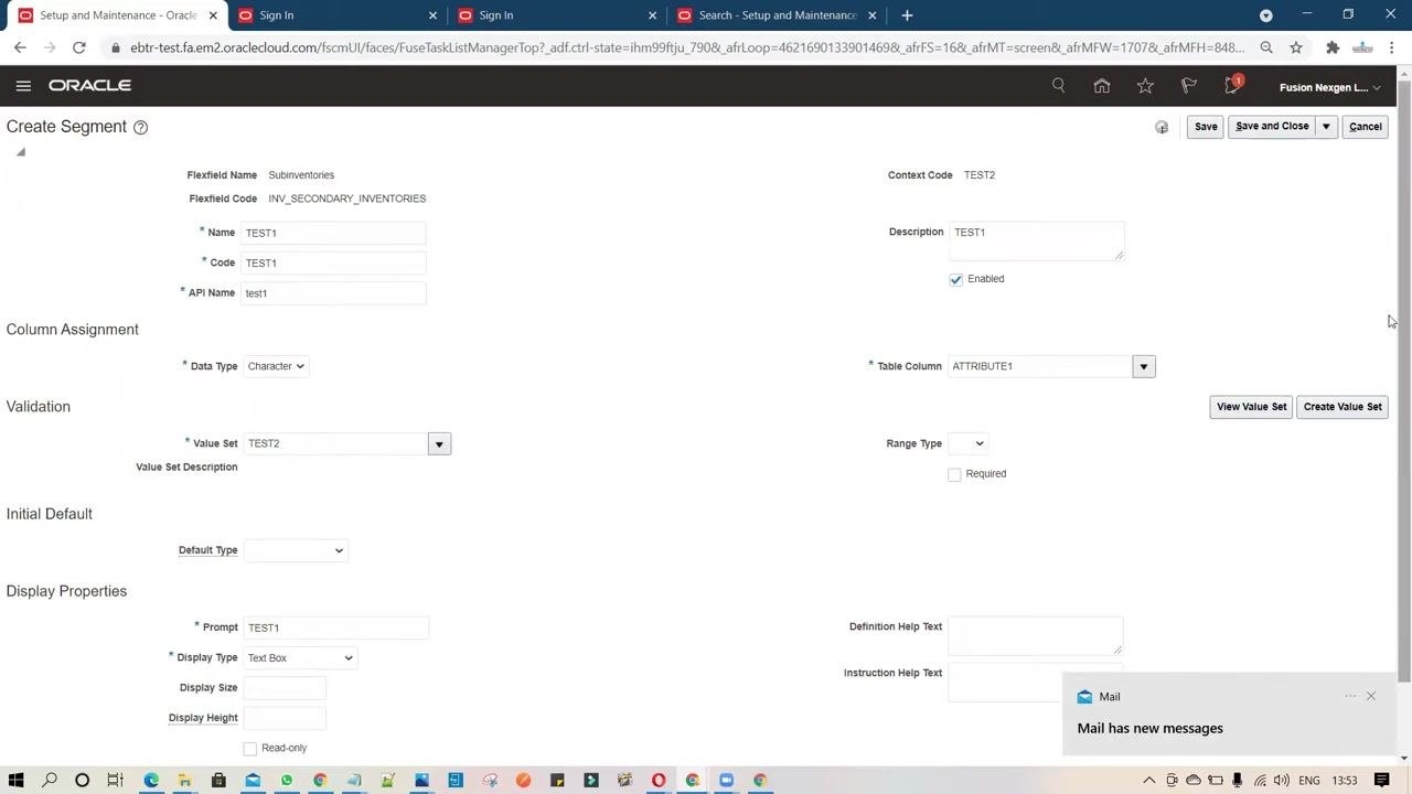 Create Segment screen with Display Size set to 20 and Display Height set to 1
