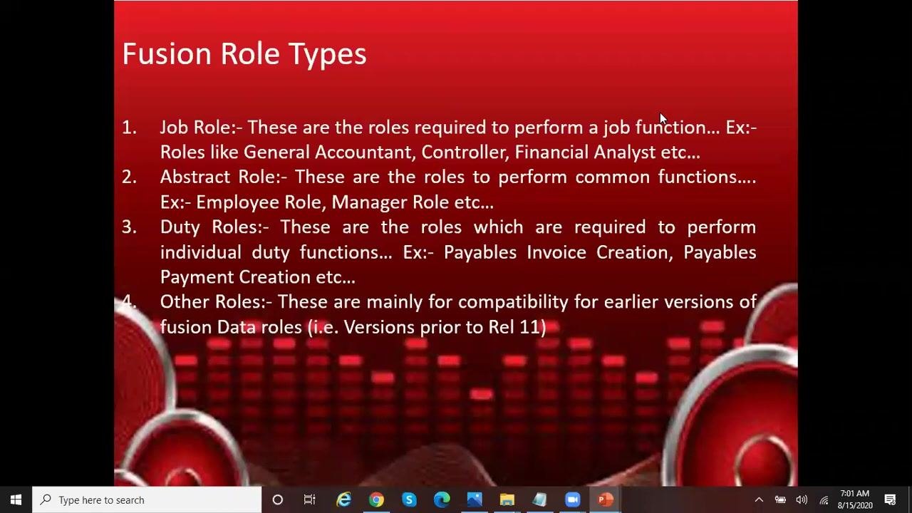 PowerPoint slide listing and describing the four Fusion Role Types: Job Role, Abstract Role, Duty Role, and Other Roles. The slide is titled "Fusion Role Types" and includes examples for each type.