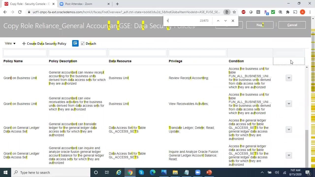 Updated list of data security policies showing new privileges under the "Privilege" column.