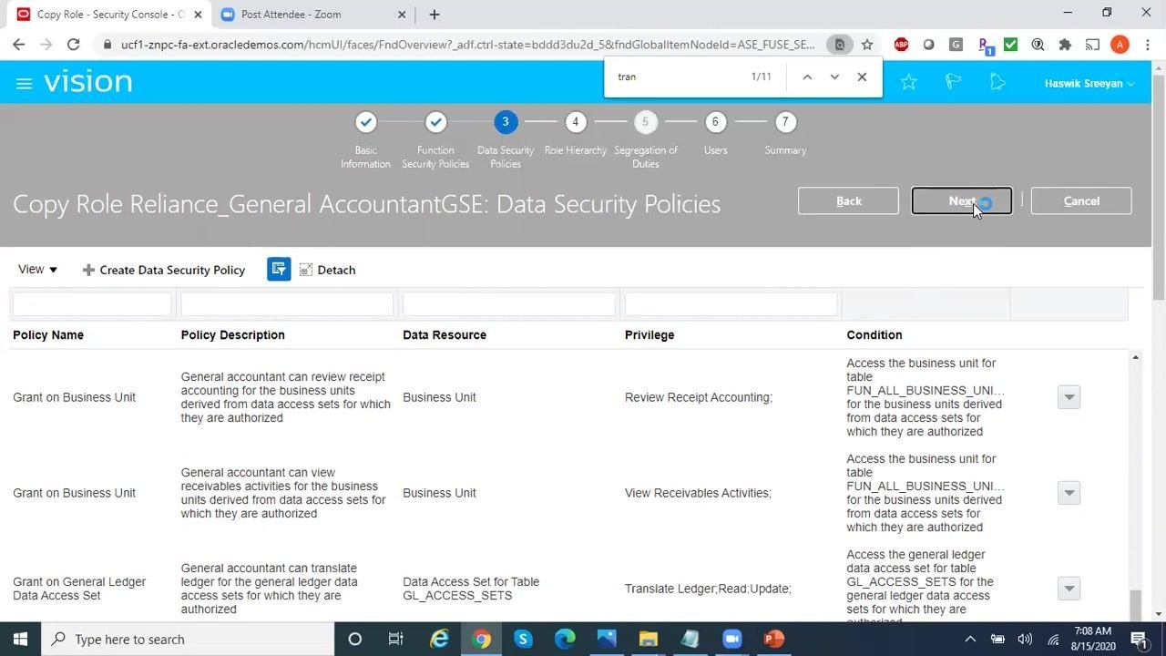 User clicking the "Next" button to proceed after editing data security policies.