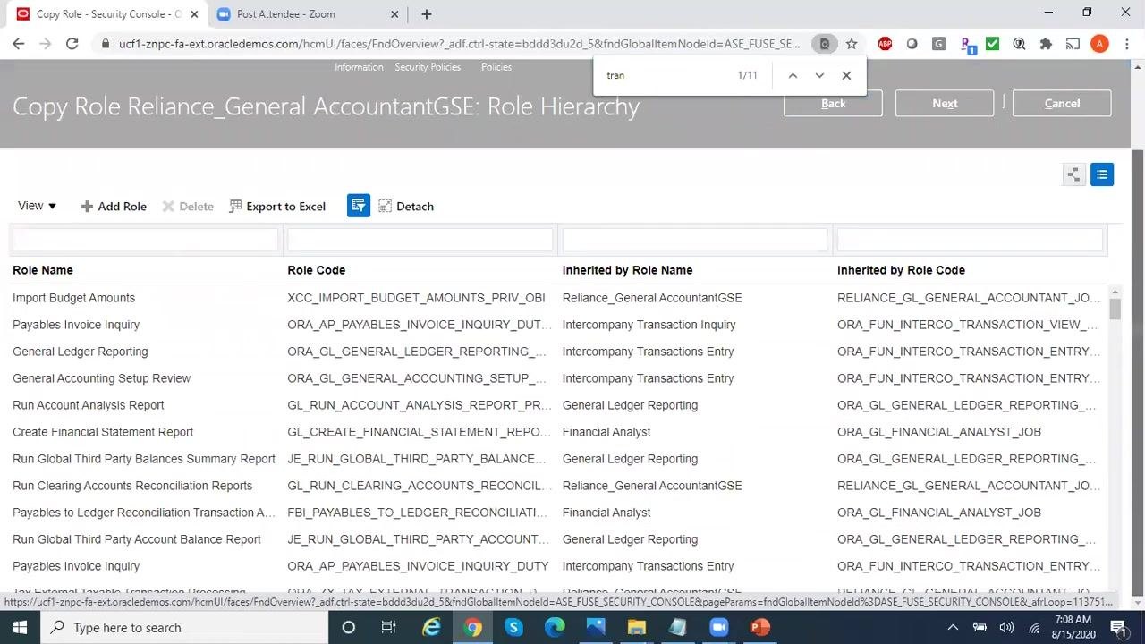 Role Hierarchy screen showing a list of roles, their codes, and inheritance details. The "Add Role" button is visible.