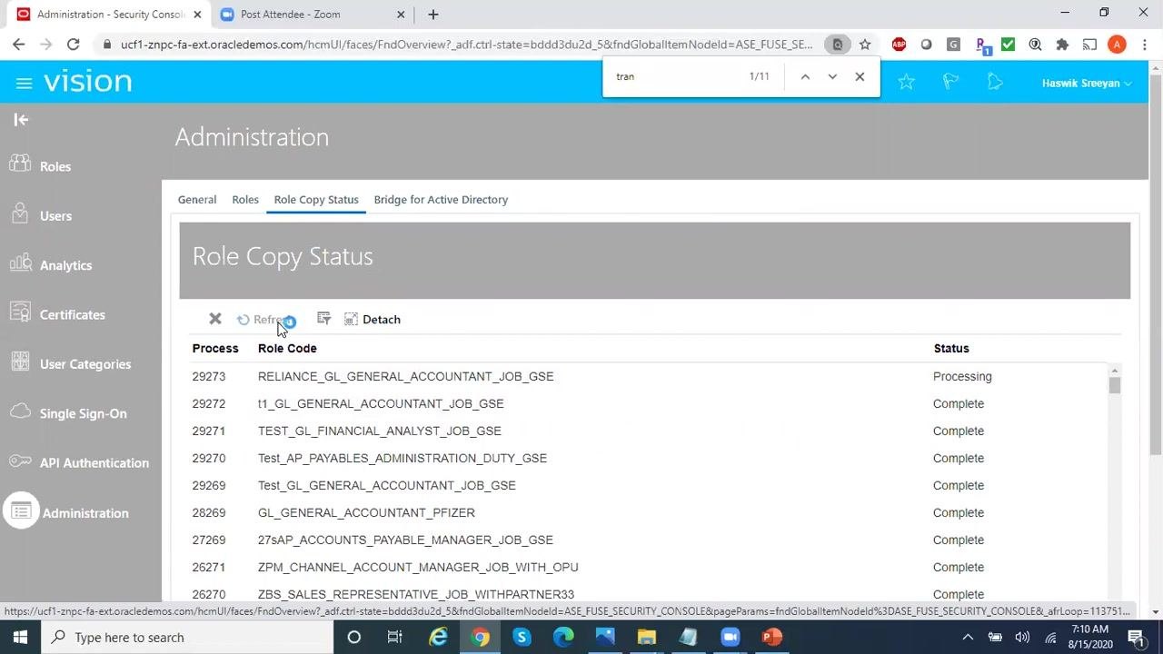 Role Copy Status table showing process 29273 for RELIANCE_GL_GENERAL_ACCOUNTANT_JOB_GSE marked as Complete.