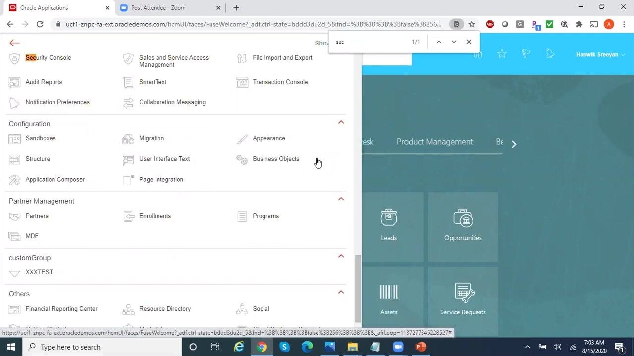 Oracle Applications navigation menu open, with the user searching for "Security Console". Various modules and options are visible, including Configuration, Partner Management, and others.