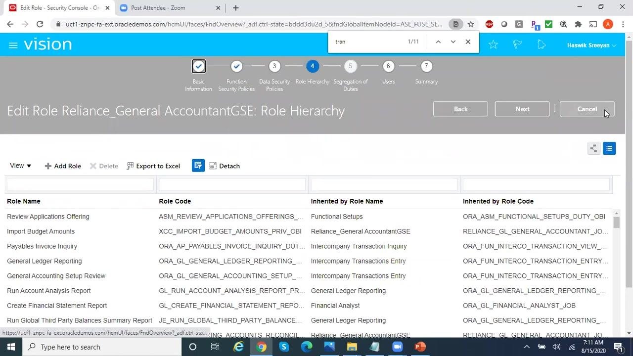Edit Role wizard at the Role Hierarchy step, showing a list of inherited roles and their codes. Action buttons are visible.