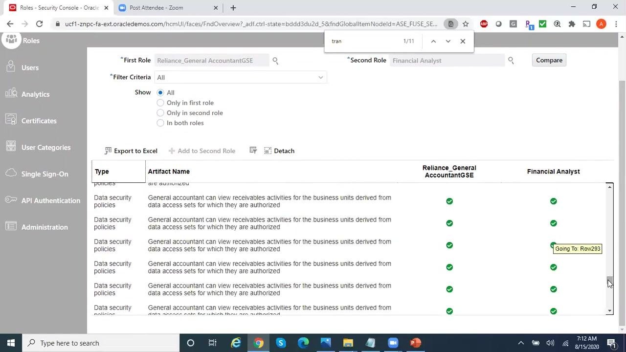 The Compare Roles screen with filter options expanded, showing checkboxes for function security policies, data security policies, and inherited roles.