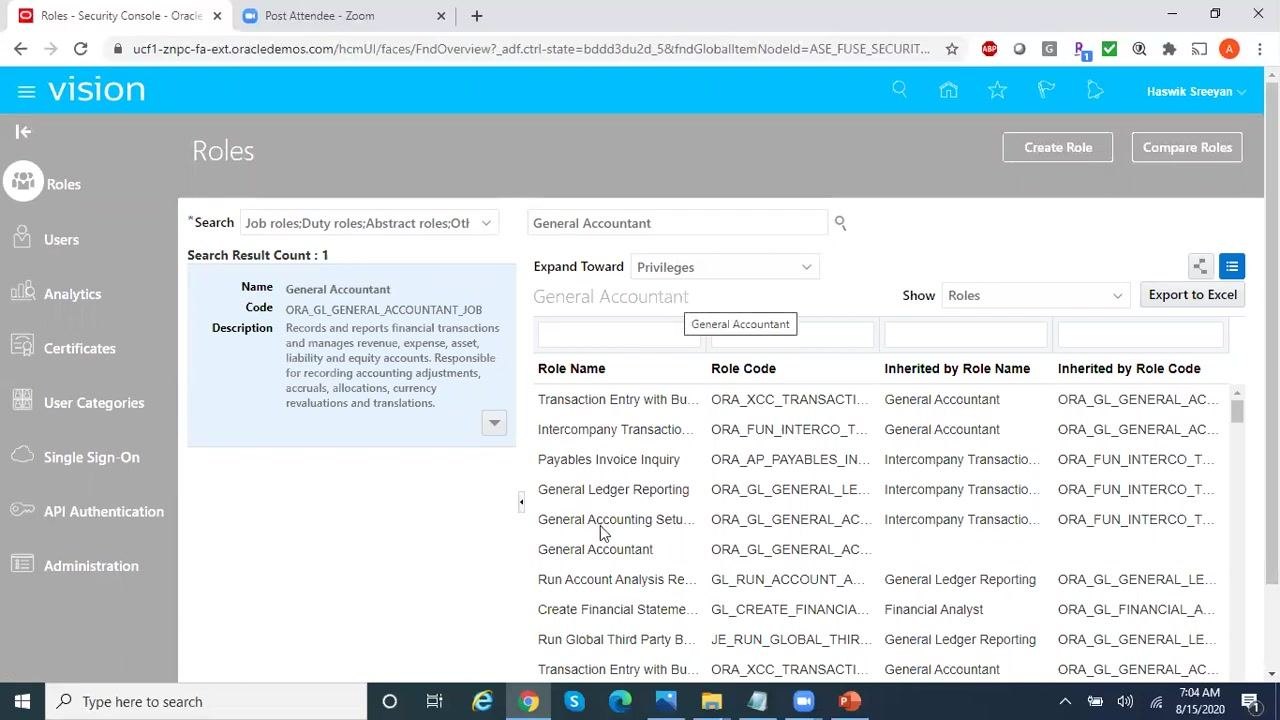 Security Console Roles screen with filter dropdown open, showing options for Job roles, Duty roles, Abstract roles, Other roles, Privileges, and Aggregate privileges.
