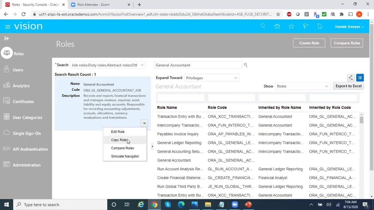 Security Console with the dropdown menu open for the "General Accountant" role, showing options: Edit Role, Copy Role, Compare Roles, Simulate Navigator. "Copy Role" is highlighted.