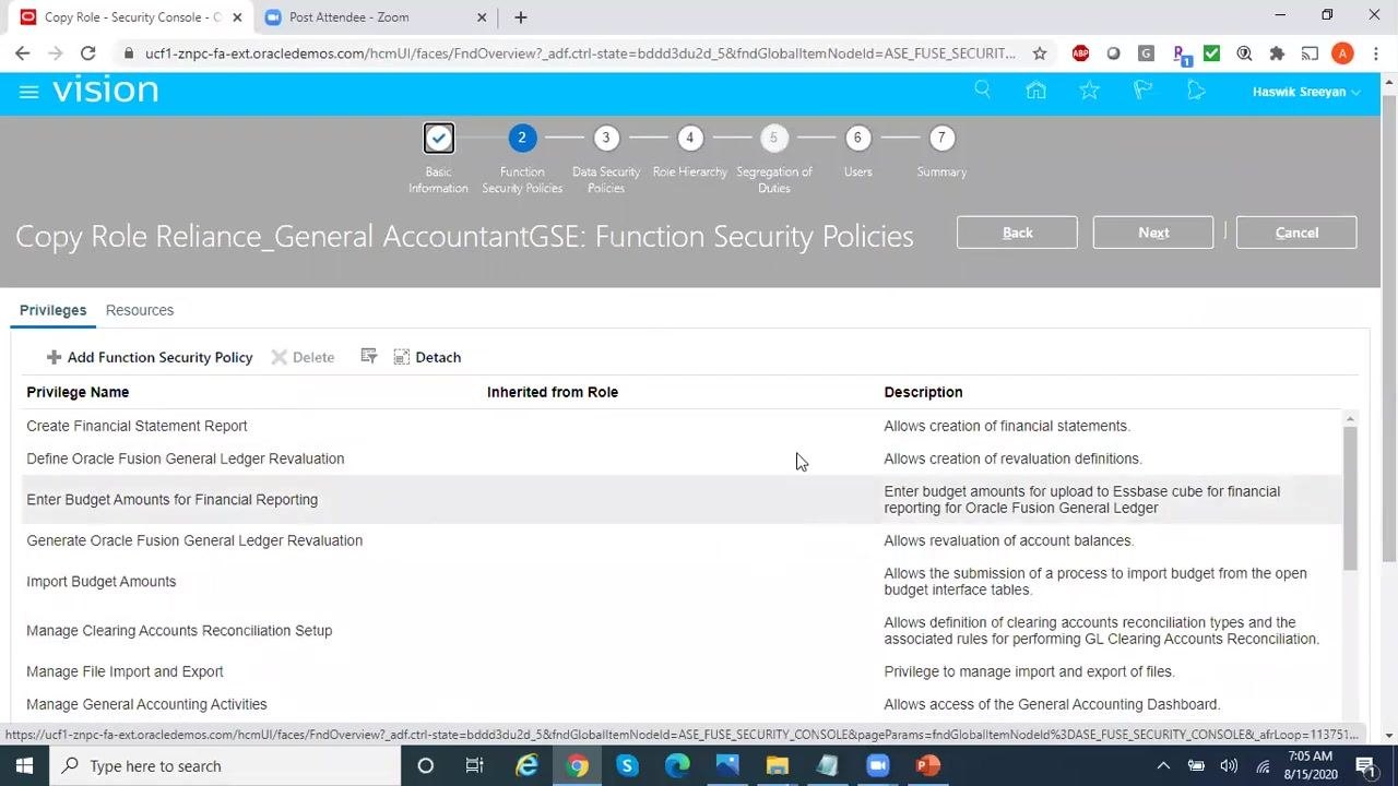 Copy Role wizard showing Role Name, Role Code, Role Category, Predefined Role (unchecked), and Description fields for the custom role.
