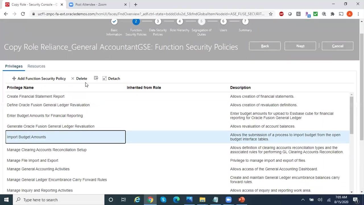Privilege "Import Budget Amounts" selected, with the Delete button highlighted, ready to remove the privilege.