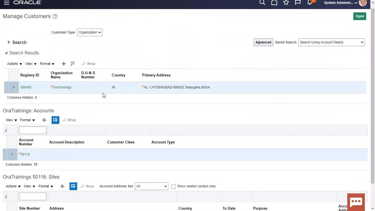 Search results showing Registry ID, Organization Name, Country, Primary Address, Account Number, and Site Number