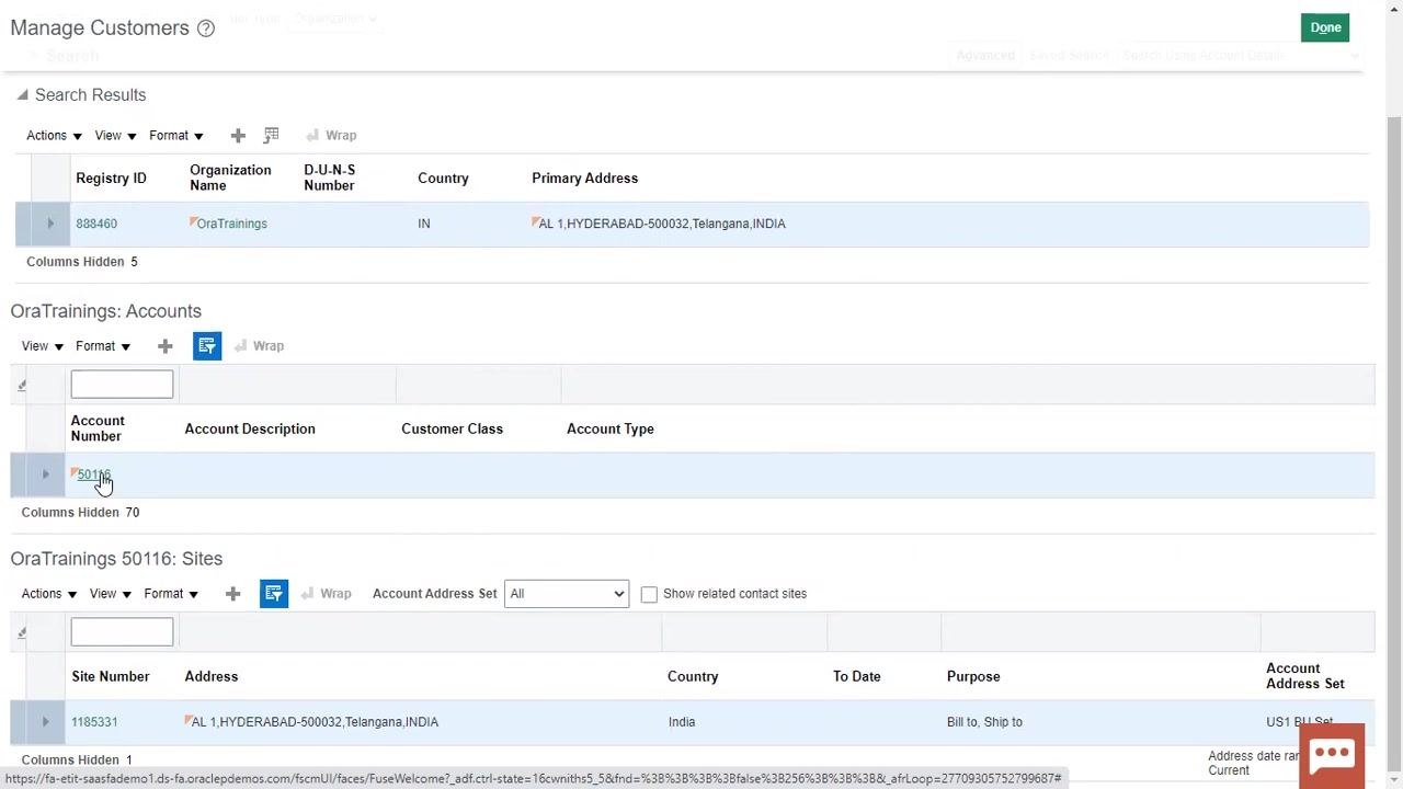 Account and site details for the selected customer, including account number, site number, address, and purposes