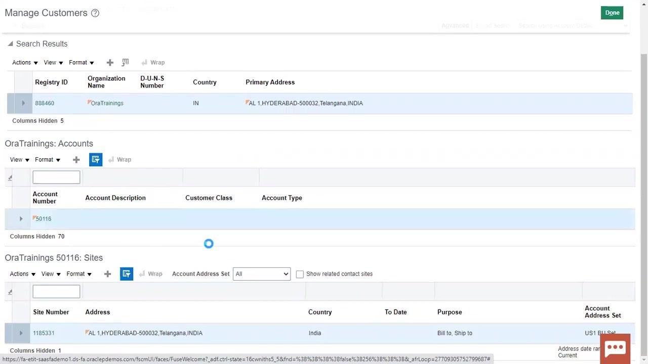 Manage Customers screen showing search results, account number 50116, and associated site and address details