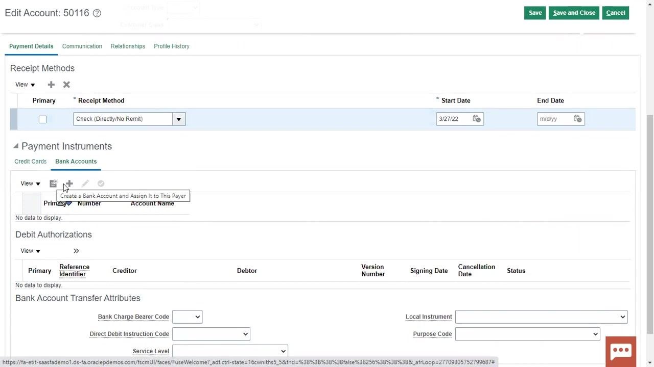 Edit Account screen with the Receipt Methods dropdown open, showing various receipt method options and the start date field