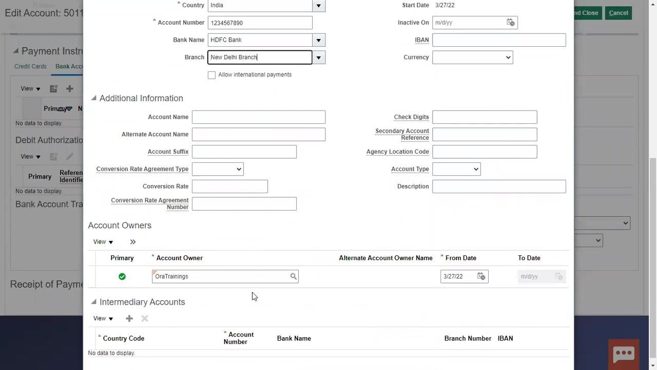 Create Bank Account dialog showing the Account Owner section with OraTrainings as the primary owner and the From Date set