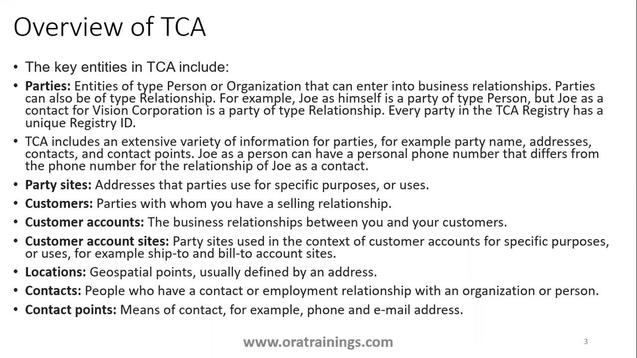 Slide listing and describing key TCA entities: Parties, Party Sites, Customers, Customer Accounts, Customer Account Sites, Locations, Contacts, Contact Points
