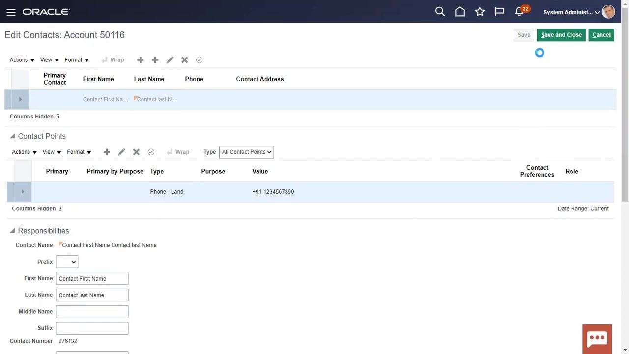 Role Type dropdown expanded, showing options like Bill to and Dunning, with Bill to selected