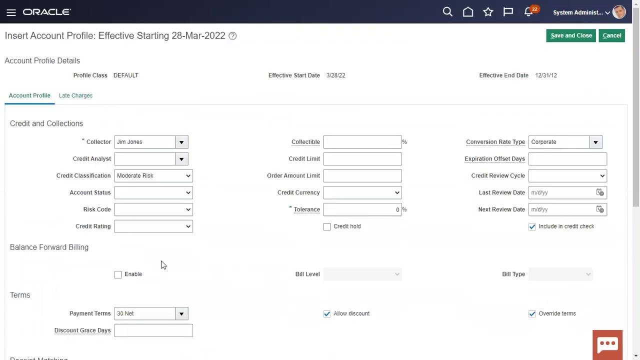 Insert Account Profile screen with fields for Collector, Credit Classification, Tolerance, Payment Terms, Statement Cycle, and others