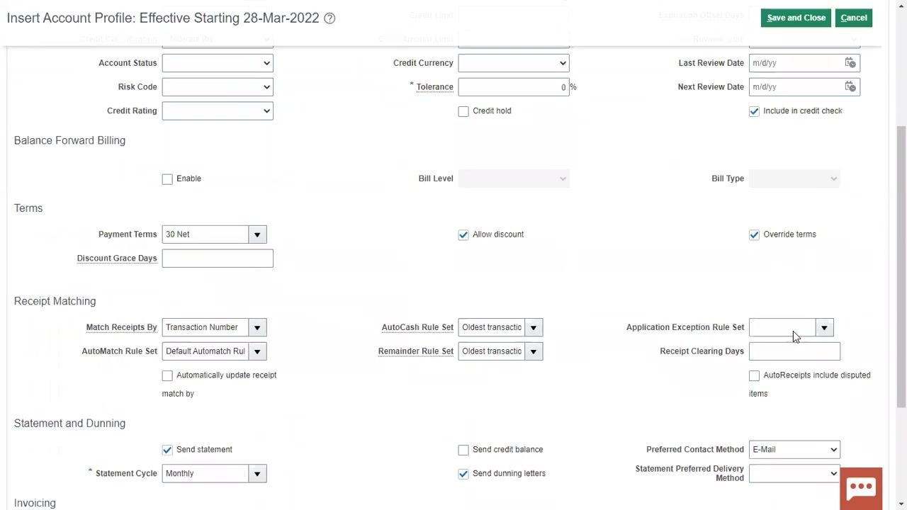 Save and Close button highlighted on the Insert Account Profile screen
