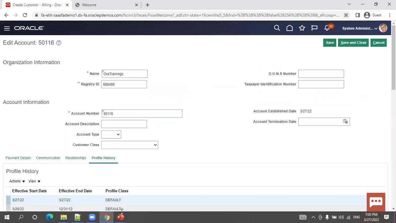 Oracle Edit Account screen showing organization and account information, with the Profile History tab selected and profile records listed