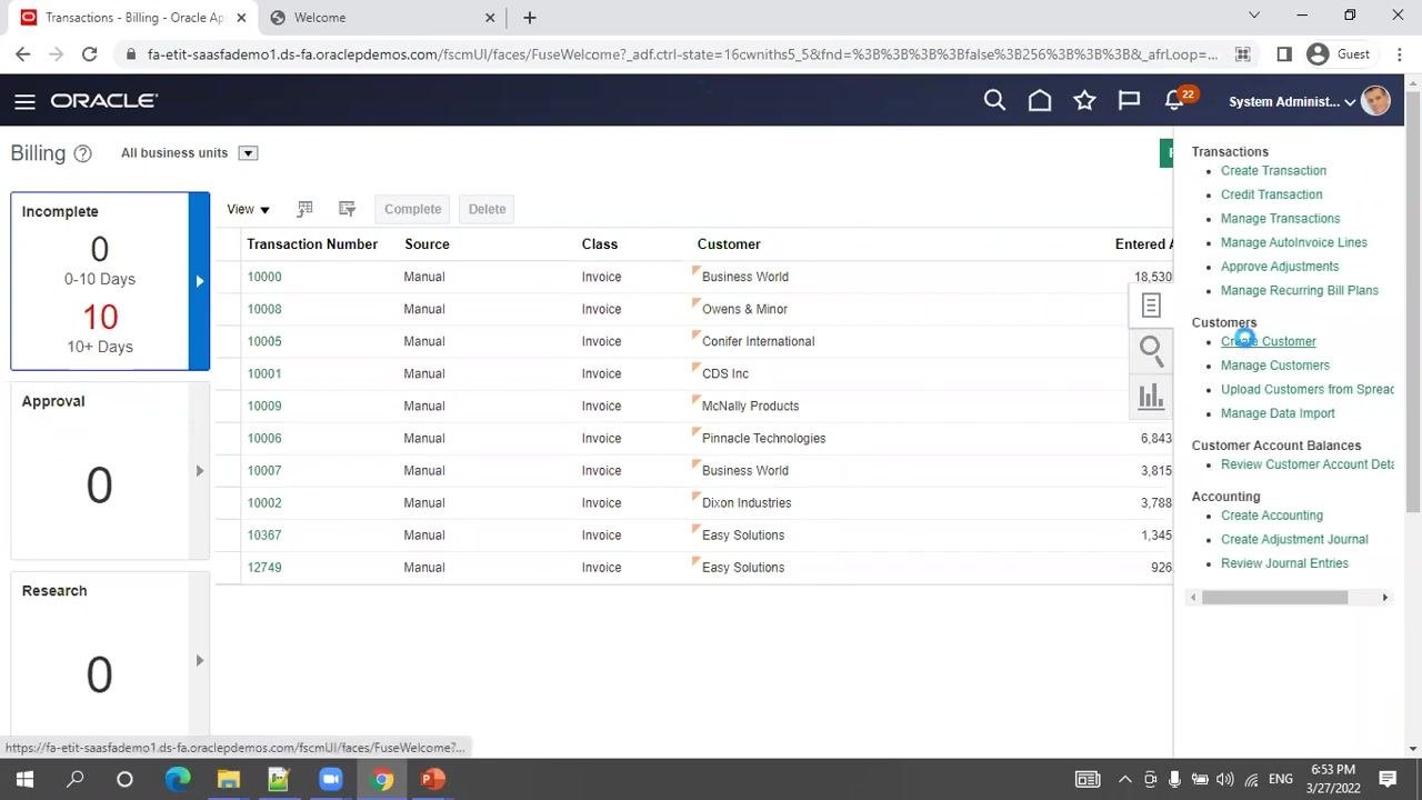 Oracle Applications home screen with the Receivables tab selected and the Billing app tile highlighted by the cursor