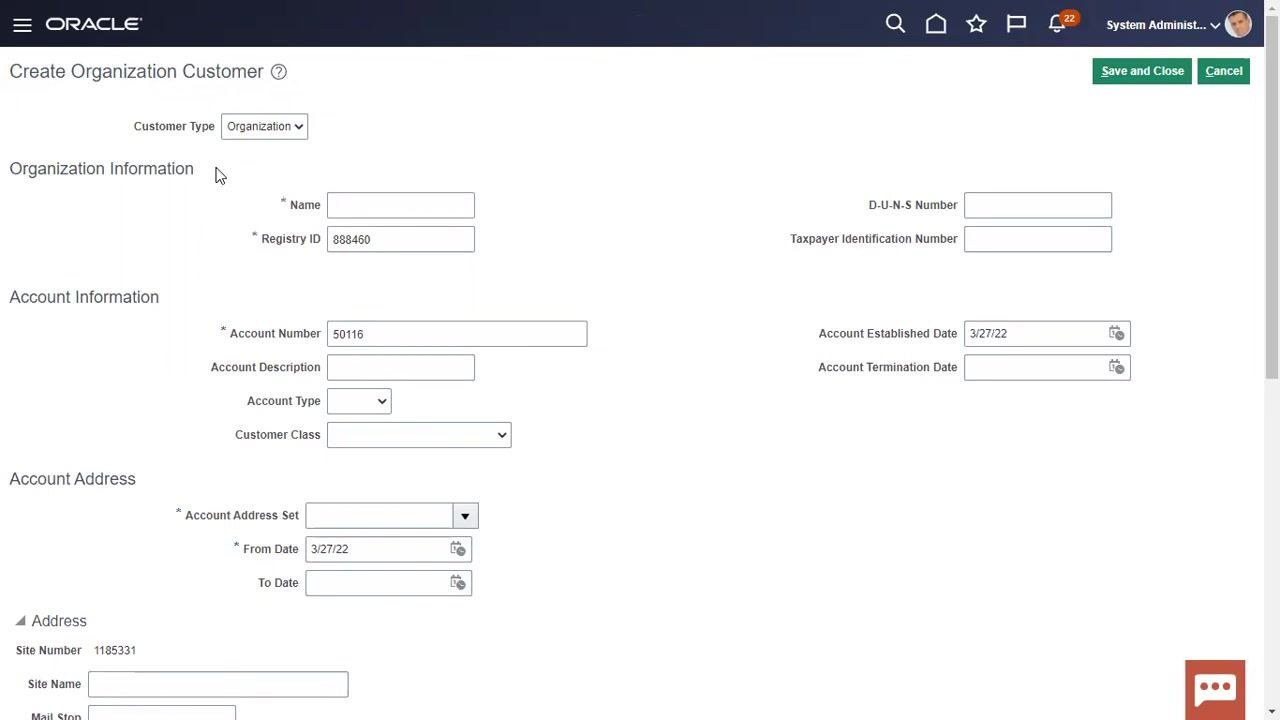 Create Organization Customer screen showing fields for Customer Type, Organization Information, Account Information, Account Address, and Address