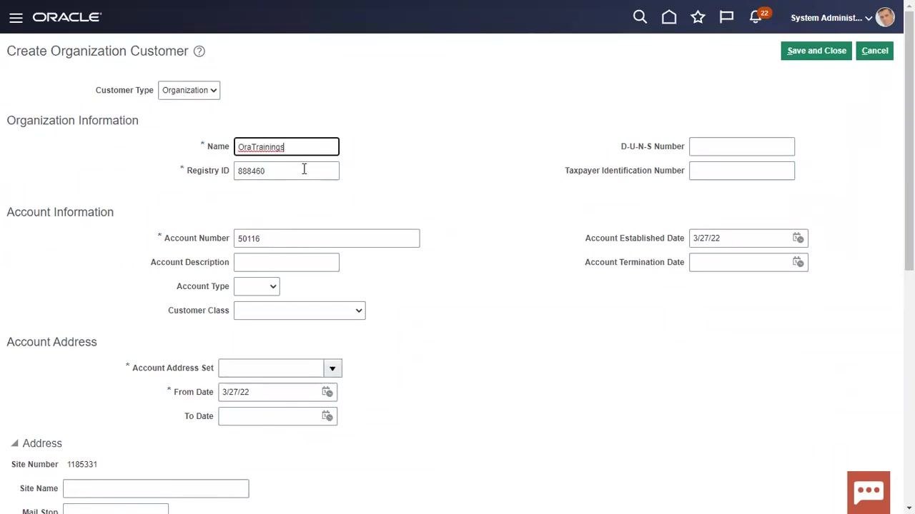 Create Organization Customer screen with Customer Type set to Organization, Name as OraTrainings, and Registry ID as 888460
