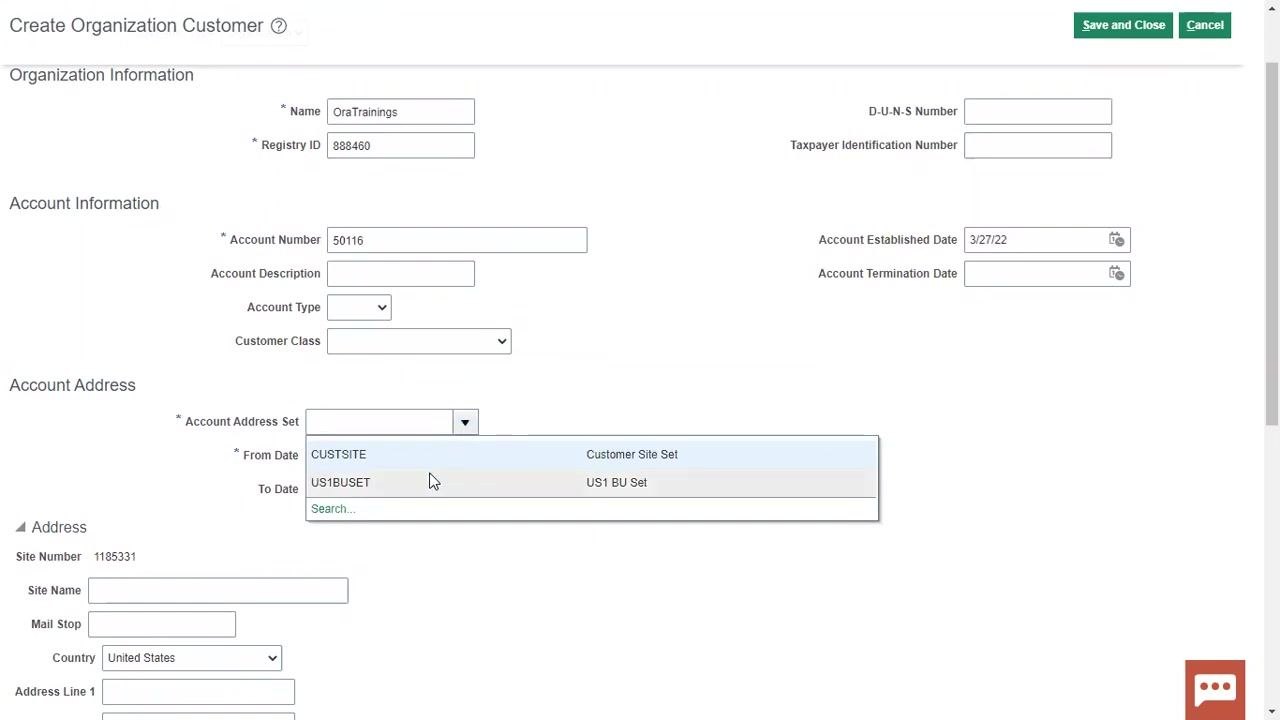 Account Address Set dropdown open with options CUSTSITE and US1BUSET, with US1BUSET selected
