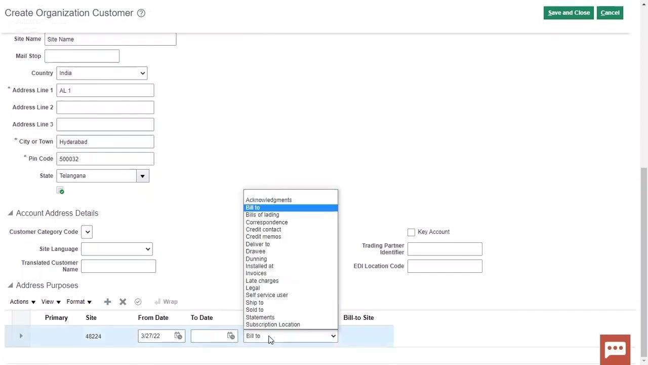 Dropdown menu open in the Address Purposes section, with "Bill to" selected and other options visible such as Acknowledgments, Bills of lading, Ship to, and Sold to