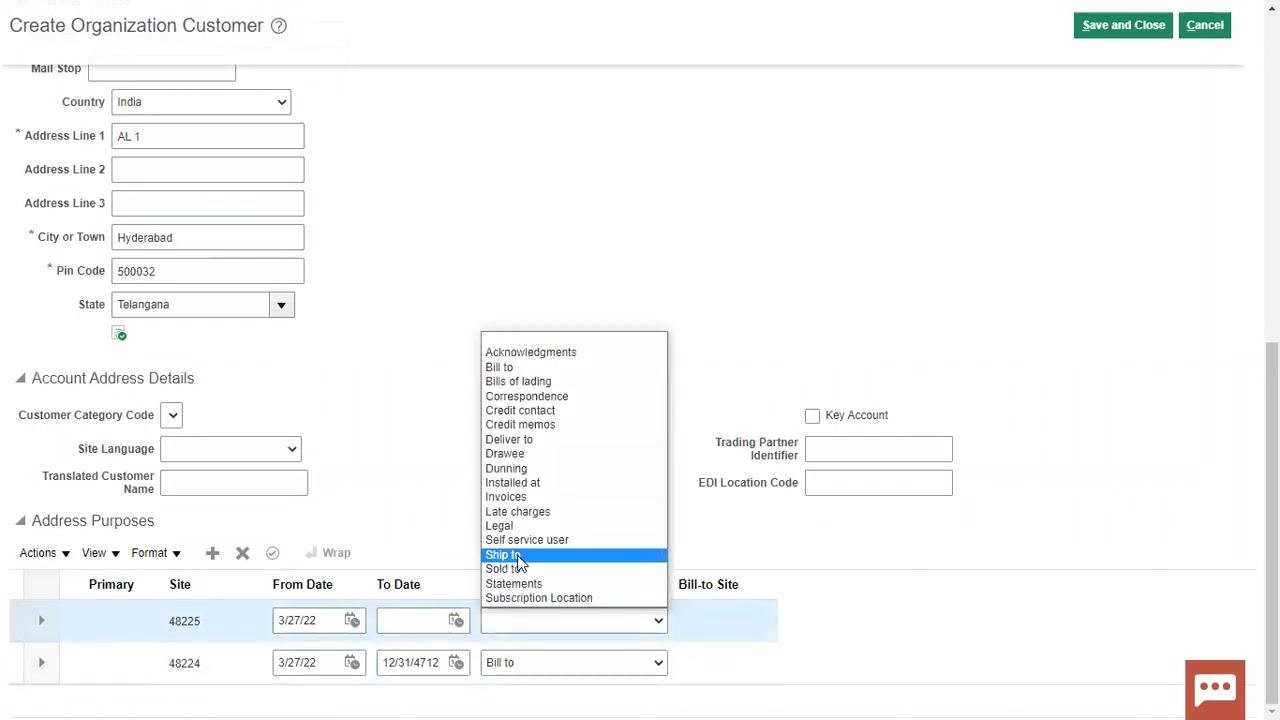 Completed "Create Organization Customer" form with all required fields filled, ready to save