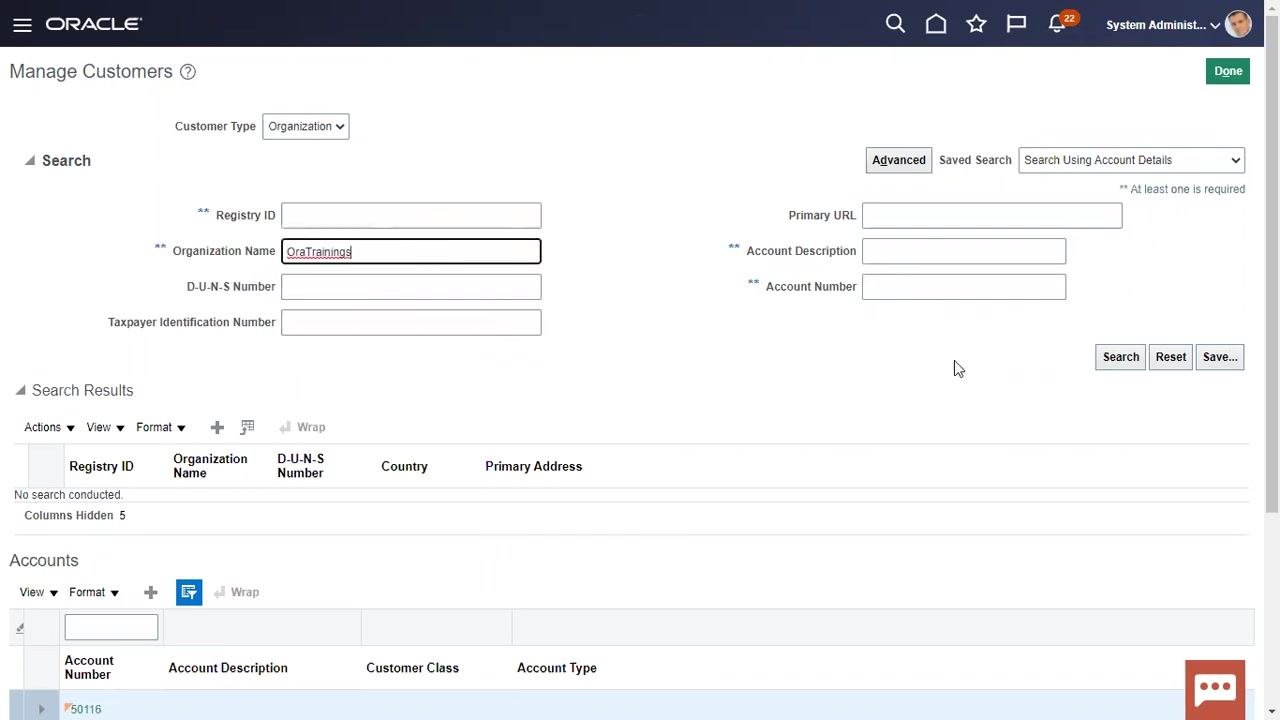 Manage Customers screen with the "Organization Name" field filled in as "OraTrainings" and ready to search
