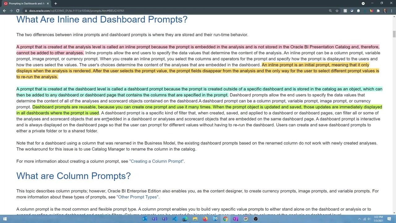 OTBI Catalog interface with the "New" dropdown open and "Dashboard Prompt" highlighted, ready to create a new dashboard prompt.