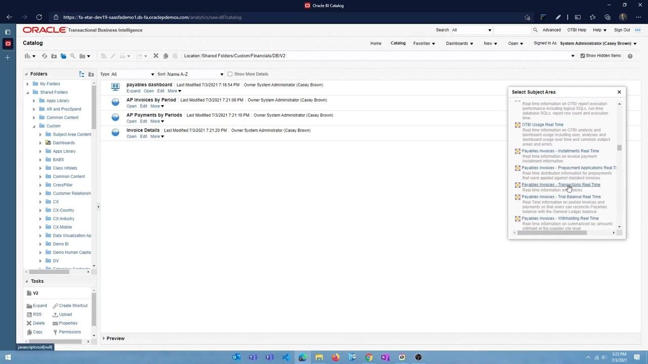 OTBI Catalog interface showing the folder /Shared Folders/Custom/Financials/DB/V2 with analyses listed, and the Select Subject Area dialog open with "Payables Invoices - Transactions Real Time" highlighted.