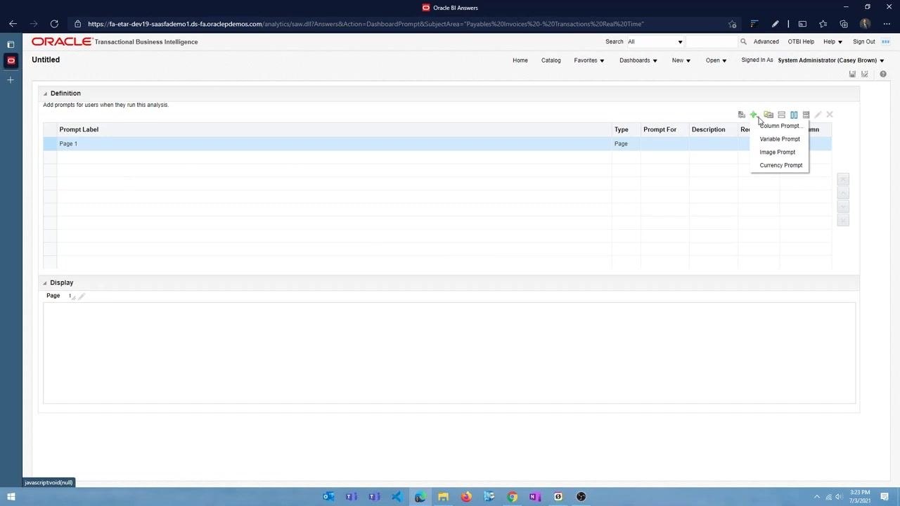Prompt creation menu open, showing options for Column Prompt, Variable Prompt, Image Prompt, and Currency Prompt in the Oracle BI Answers interface.