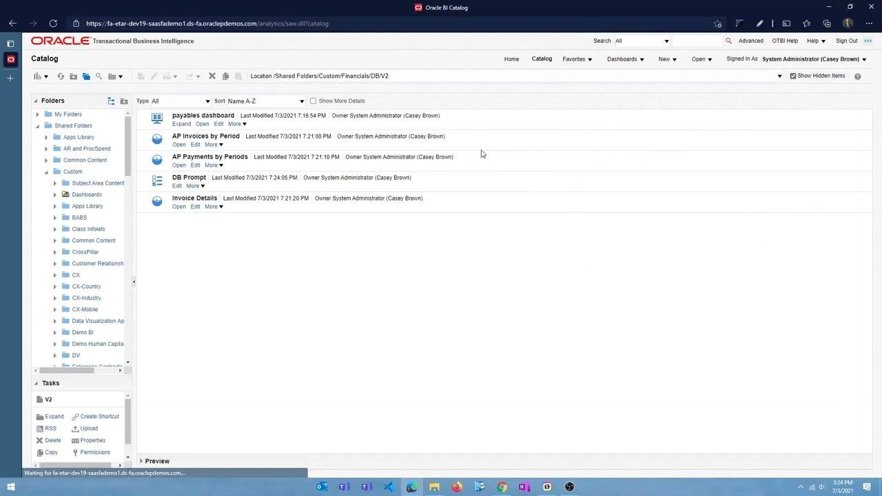 Select Column dialog open, showing folder structure under "Payables Invoices - Transactions Real Time" with subfolders like Accounting, Business Unit, Fiscal Calendar, and Invoice Details.