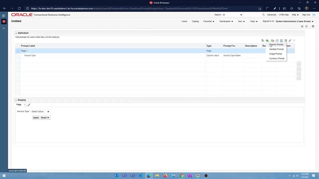 Prompt list showing "Invoice Type" with type "Column value" and prompt for "Invoice Type Name," with the Display section showing the Invoice Type dropdown.